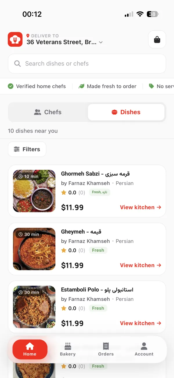 Browsing dishes near you in the MeChef app