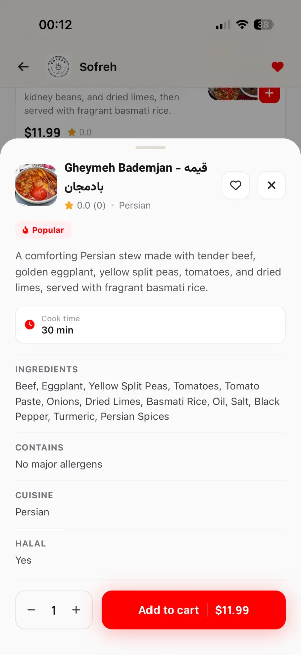 Dish detail with ingredients and allergen information in the MeChef app